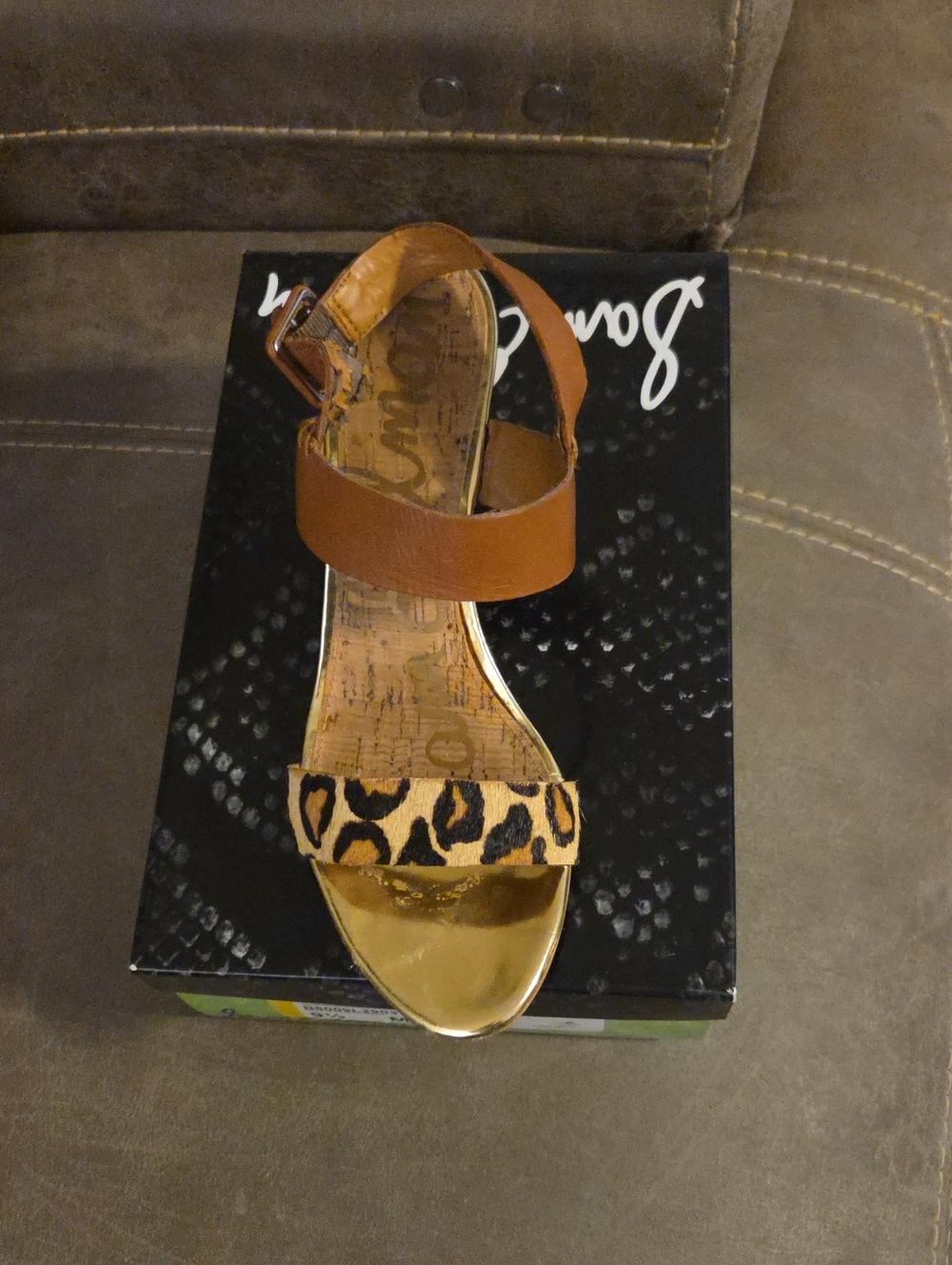 Sam Edelman Leopard Front and Tan Ankle-Strap Sandal with Gold Toe